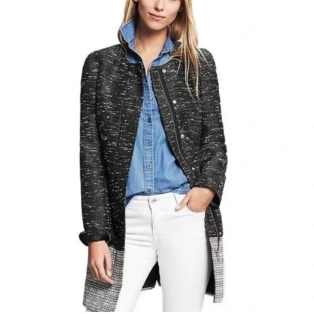 Banana Republic Black Collarless Tweed Colorblock Long Coat US S